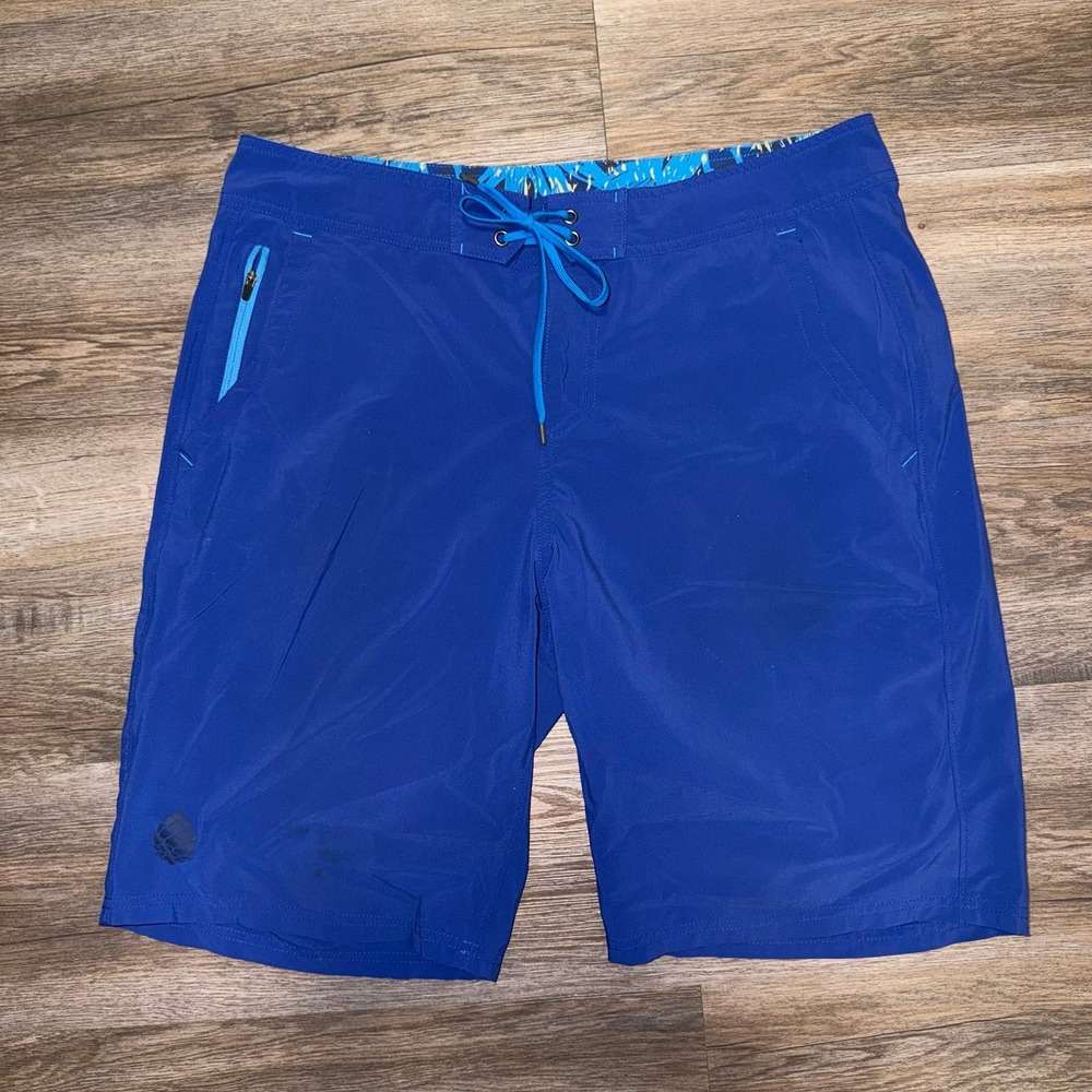 Stio Men's Blue Drawstring Shorts Zip Pocket Logo Solid Polyester Blend Size L